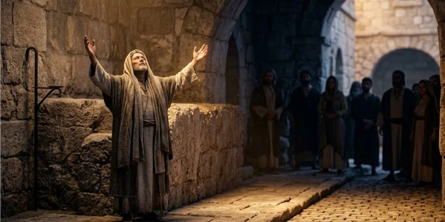 A robed figure praying publicly on an ancient street illustrating Bible verses about hypocrisy and performance