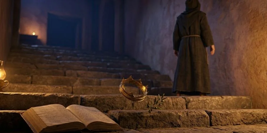 Crown tipping off stone steps near an open Bible, Bible verses about pride