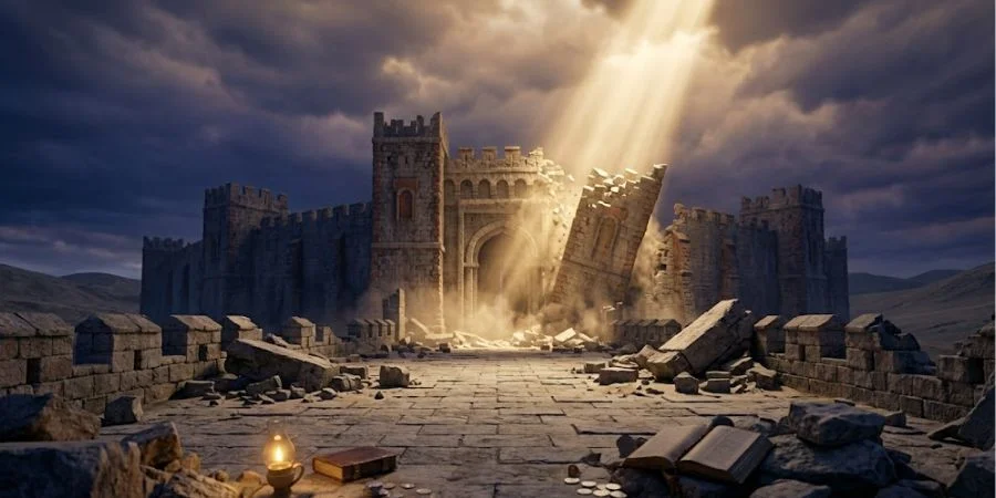 Crumbling fortress under divine light reflecting Bible verses about pride and judgment