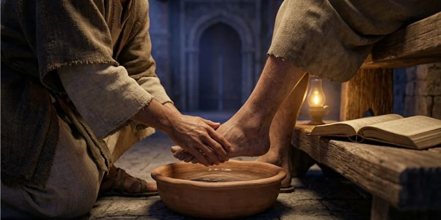 Hands washing dusty feet beside an open Bible, Bible verses about pride and humility