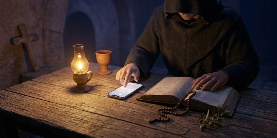 Hands scrolling a phone beside an open Bible, reflecting Bible verses about pride in daily life