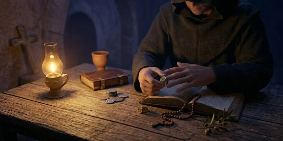 Hands setting down a gold ring beside an open Bible, Bible verses about pride