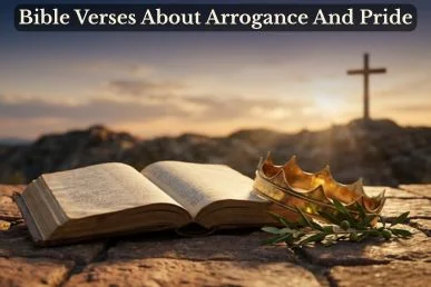 An open Bible beside a fallen crown under warm dawn light, Bible Verses About Arrogance and Pride.