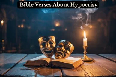 A candlelit open Bible with theater masks representing hypocrisy, illustrating Bible verses about hypocrisy and God's call to sincerity.