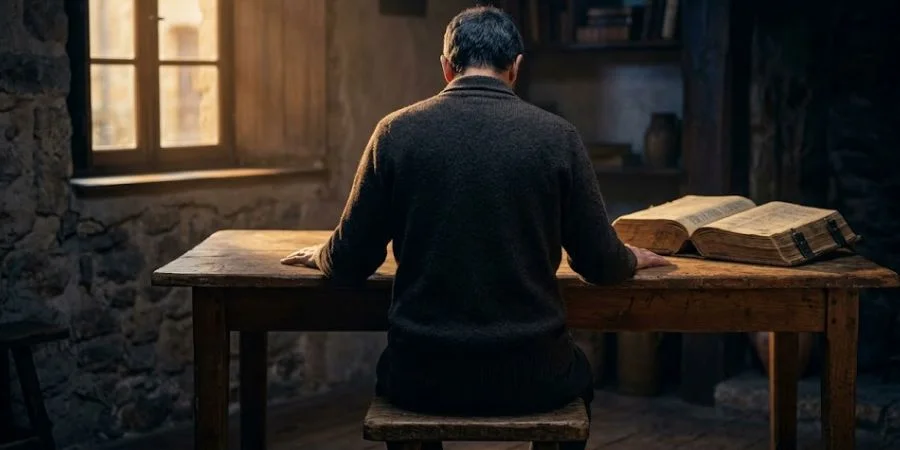 A still figure with hands resting on a table beside an open Bible representing Bible verses about controlling anger