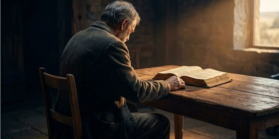 A bowed figure beside an open Bible representing struggle and Bible verses about anger in warm amber light