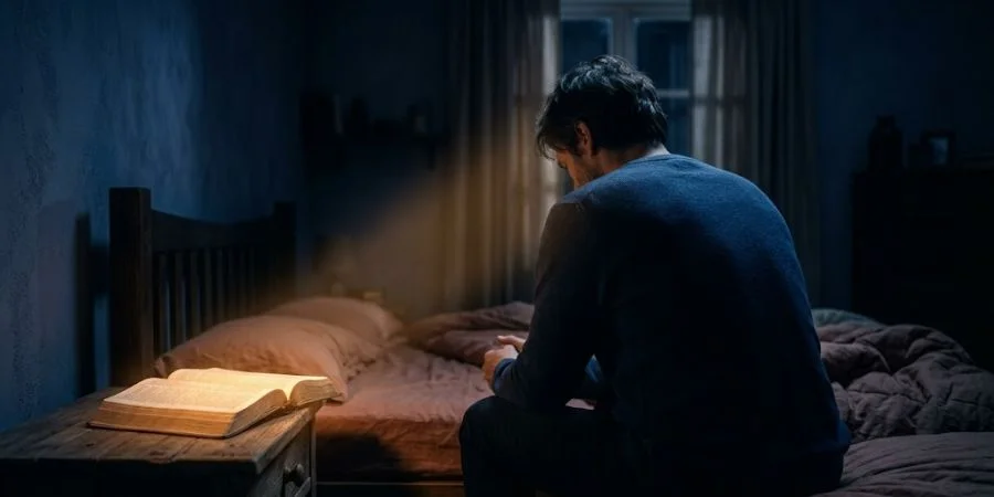 A person sitting alone at night beside an open Bible, representing Bible verses about overthinking and finding peace