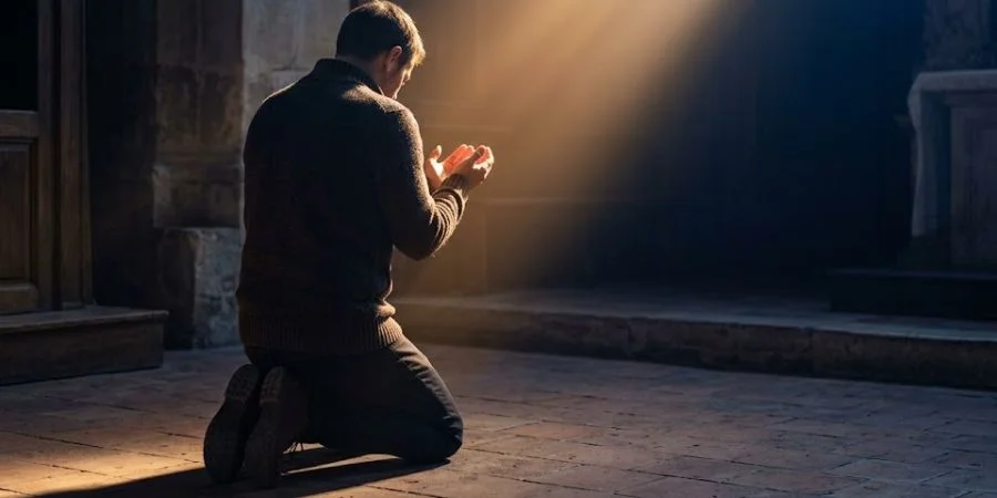A kneeling figure in prayer beneath warm golden light, representing Bible verses about overthinking and casting anxiety on God