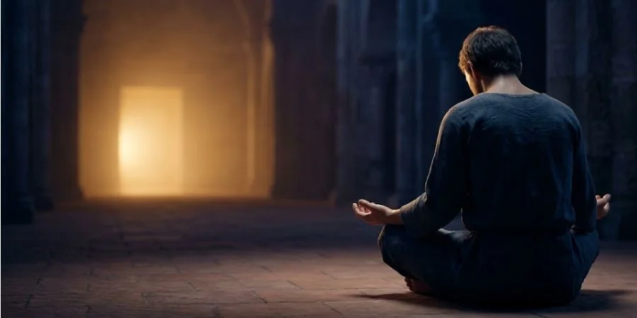 A weary figure bowed in exhaustion toward warm light, representing Bible verses about overthinking and finding rest in God