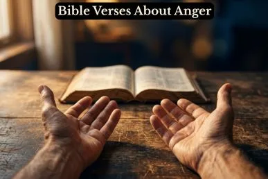 Weathered hands resting open beside a Bible in warm golden light, illustrating Bible verses about anger and surrender.