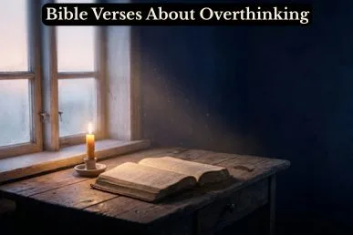 An open Bible on a candlelit wooden desk at dawn, representing peace and comfort from Bible verses about overthinking and anxiety.