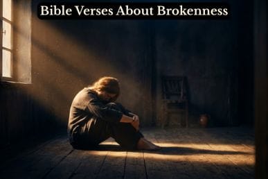 A lone figure seated in a dimly lit room with golden light streaming through a window, illustrating Bible verses about brokenness and God's nearness.