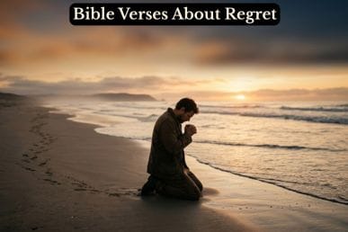 A figure kneeling in prayer on a golden shoreline at sunrise, representing Bible verses about regret and finding forgiveness