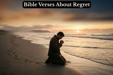 A figure kneeling in prayer on a golden shoreline at sunrise, representing Bible verses about regret and finding forgiveness