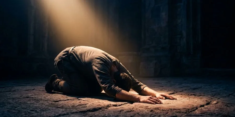 A bowed figure kneeling in darkness covered by golden light, representing Bible verses about brokenness and divine rescue