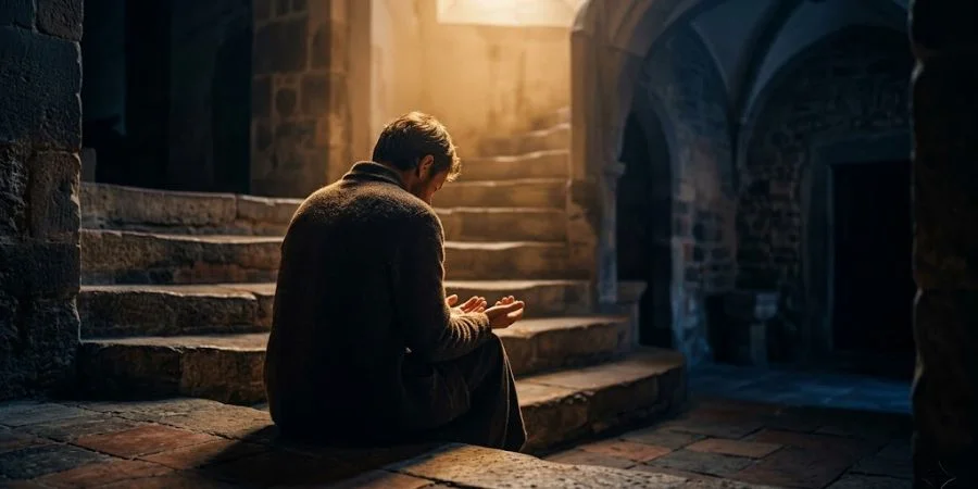A lone figure bowed in quiet surrender, representing Bible verses about brokenness and healing before God