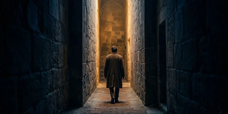 A lone figure walking toward golden light through a dark valley, depicting Bible verses about brokenness and God's presence