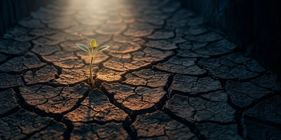 A green seedling pushing through cracked dry earth, symbolizing spiritual renewal and Bible verses about brokenness