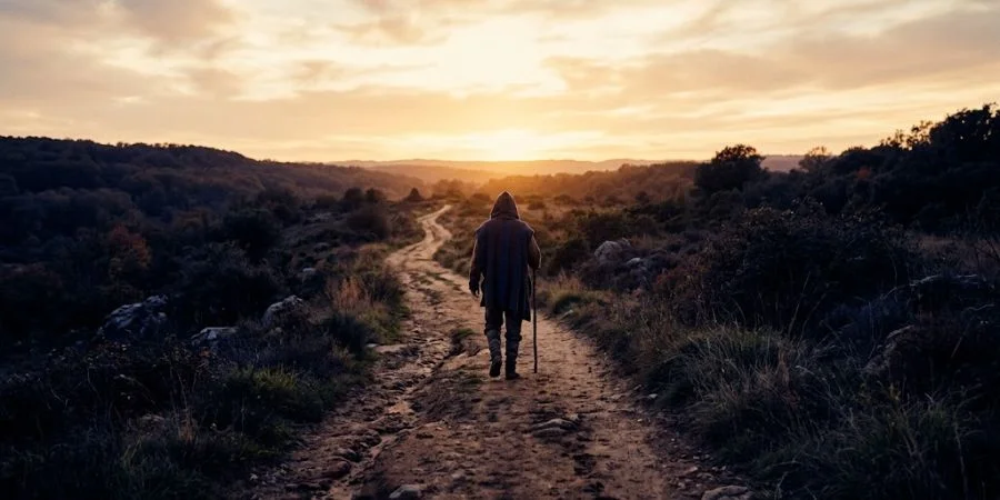 A figure walks toward a glowing horizon, representing Bible verses about regret and finishing life's race with purpose.