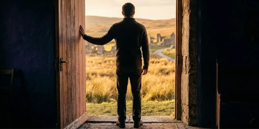 A figure stands in a doorway turning from darkness to light, reflecting Bible verses about regret and new seasons.