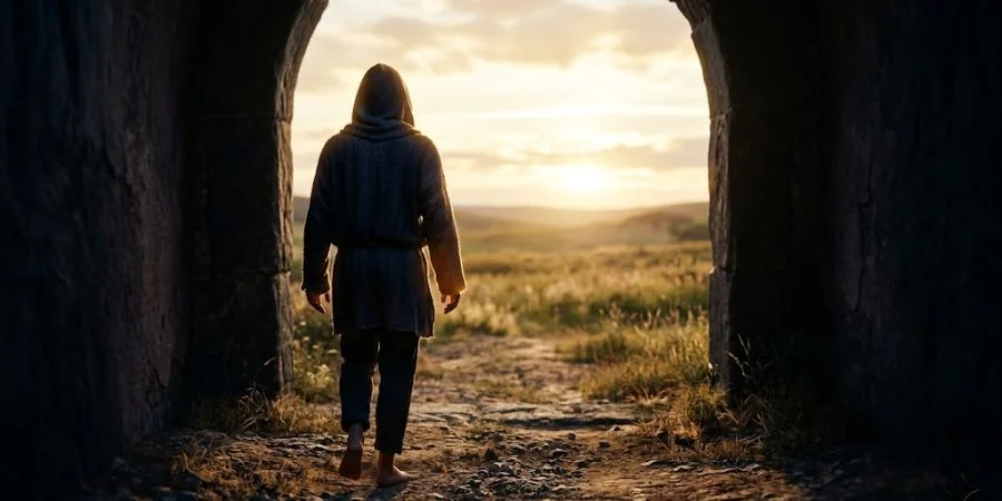 A figure walks from shadow into sunlight, symbolizing Bible verses about regret and becoming a new creation in Christ.