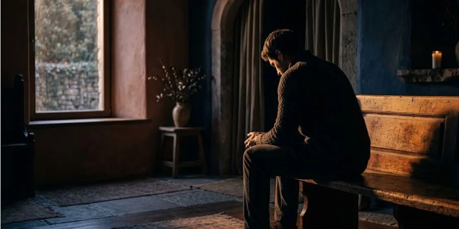 A solitary figure sits in quiet reflection, illustrating Bible verses about regret and finding hope in God's grace.