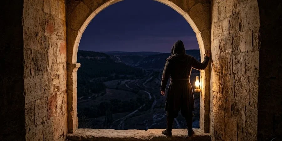 A figure stands watchful at a dim archway facing shadow, illustrating Bible verses about regret and spiritual vigilance.