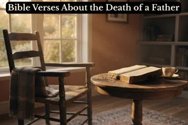 An empty chair and open Bible bathed in golden window light, reflecting comfort found in Bible verses about the death of a father
