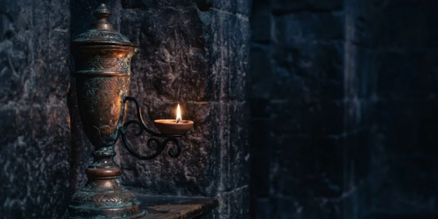 Flickering oil lampstand representing Bible verses about repentance and the call to return to God