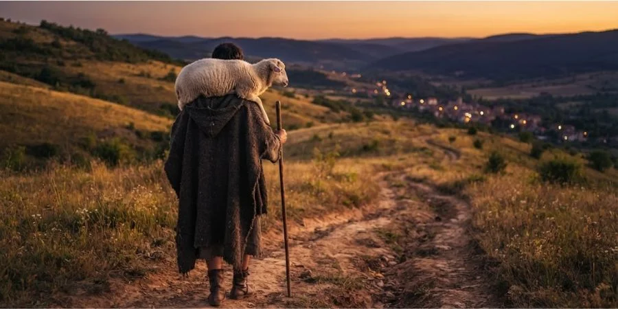 Shepherd carrying a lost sheep home at dusk, depicting Bible verses about repentance and God's joy over return.