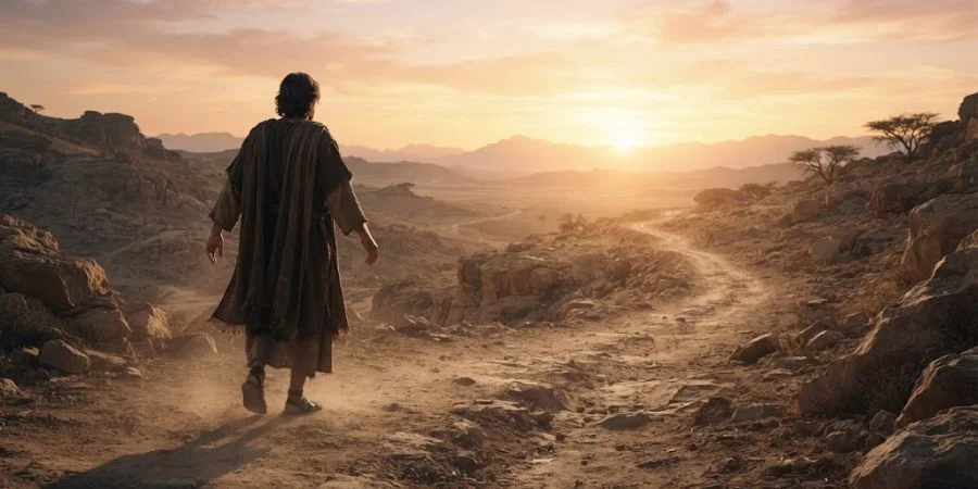 A solitary figure turns back toward a golden horizon, symbolizing Bible verses about repentance and returning to God.