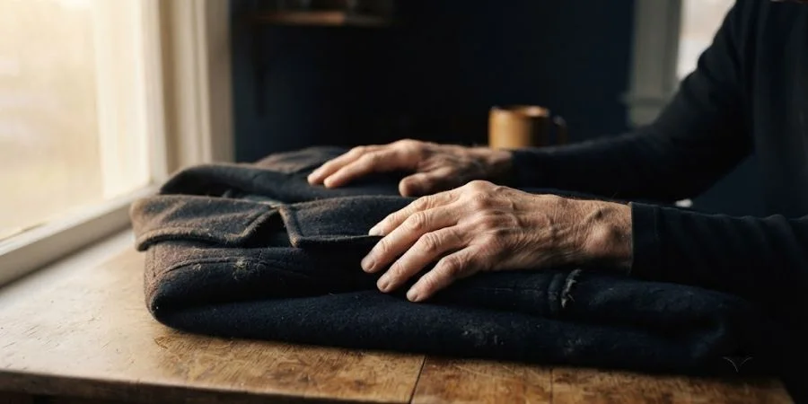 Grieving hands resting on a father's coat, representing comfort found in Bible verses about the death of a father.