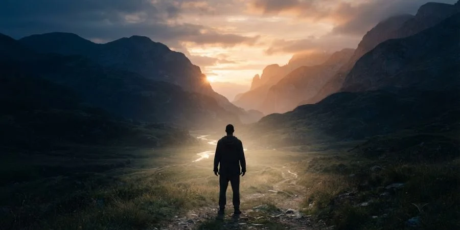 A lone figure facing golden light in a valley, symbolizing Bible verses about the death of a father and eternal hope.