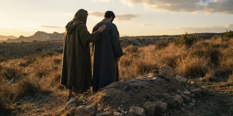 Two sons standing together at their father's grave, reflecting Bible verses about the death of a father.