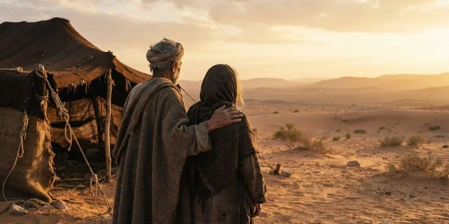 Elderly couple gazing at the desert horizon, symbolizing Bible verses for infertility and enduring faith in God's promises.