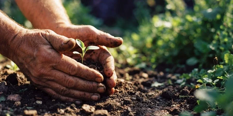 Hands gently cradling a young sprout in soil, symbolizing Bible verses for infertility and hope for new growth.