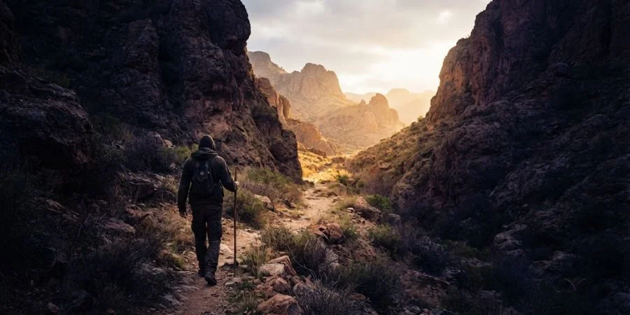 Solitary figure walking through a shadowed valley toward light, representing Bible verses for infertility and God's presence.