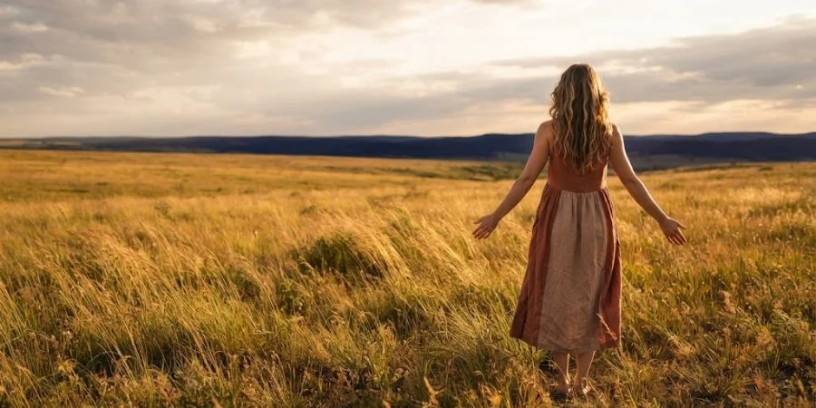 Woman standing in an open field with arms open, representing Bible verses for infertility and surrendering desires to God.
