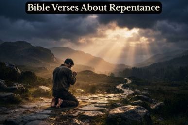 A figure kneeling in prayer as golden light breaks through storm clouds, reflecting Bible verses about repentance and grace.