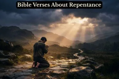 A figure kneeling in prayer as golden light breaks through storm clouds, reflecting Bible verses about repentance and grace.