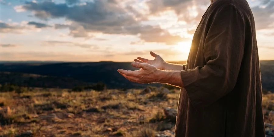 Open hands raised in blessing at golden hour, symbolizing Bible verses about evil doers and loving one's enemies.