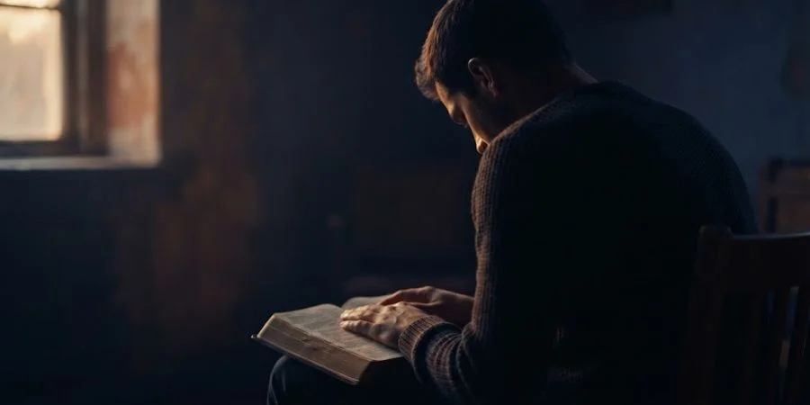 A person sits quietly with hands on an open Bible, searching for Bible verses about evil doers and justice.
