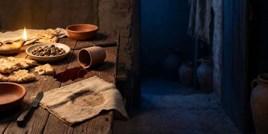 An overturned cup and torn bread at an empty table, symbolizing Bible verses about fake friends and betrayal.