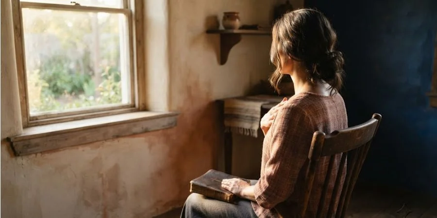 Woman seated in quiet reflection with hand on heart, illustrating Bible verses about your worth.