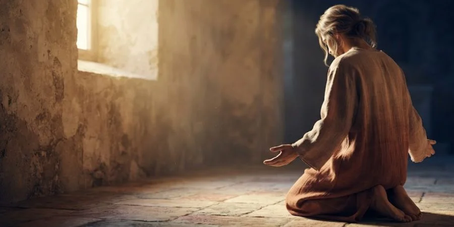 A figure kneeling in warm light, symbolizing Bible verses about your worth and God's unconditional love.
