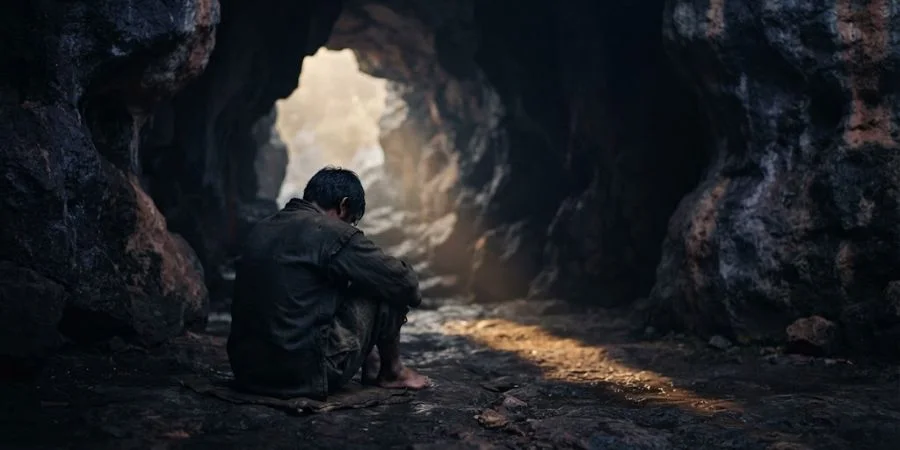 Person sitting alone in a dim cave, symbolizing Bible verses for when you feel alone and desolate
