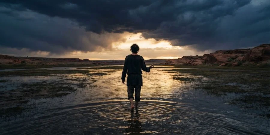 Silhouetted figure wading through water toward golden light, symbolizing Bible verses for when you feel alone