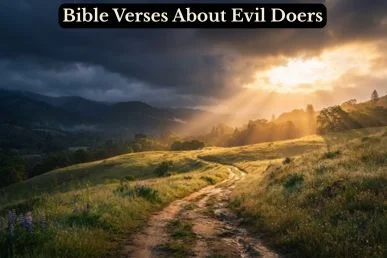 Golden sunrise breaking through storm clouds over a quiet path, symbolizing hope from Bible verses about evil doers.
