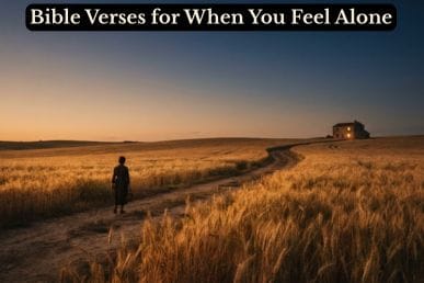 A lone figure walks a golden wheat field path at dusk toward a distant glowing window, illustrating Bible verses for when you feel alone.