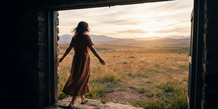 Figure stepping from shadow into open light, symbolizing identity in Bible verses about abandonment and being delighted in by God.